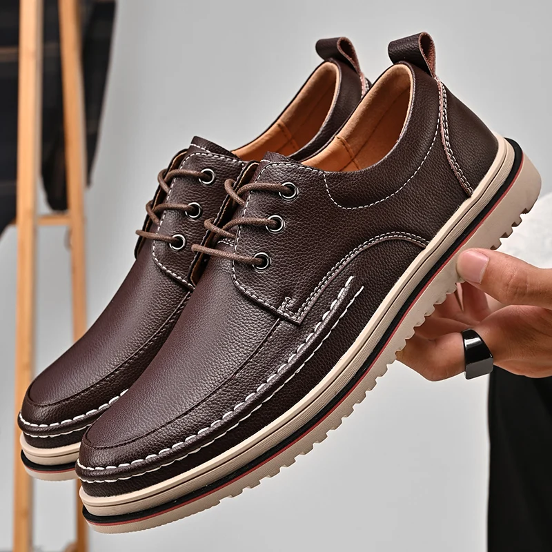 Leather Derby Shoes With Camel -Toned Stitching