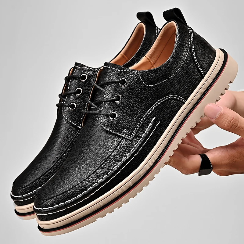 Leather Derby Shoes With Camel -Toned Stitching